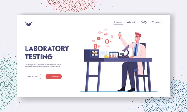Test médical Lifeblood dans des flacons en verre dans le modèle de page d'atterrissage de laboratoire. Travail heureux de caractère de docteur dans le laboratoire médical — Image vectorielle