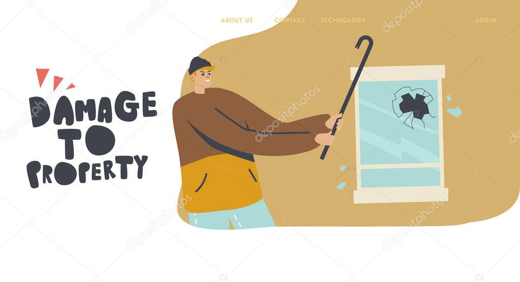 Damage Property Landing Page Template. Looter Breaking Store Showcase or House Window with Crowbar, Aggressive Looting