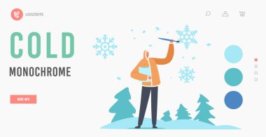 Grafik Tasarım, Tipografi Servis İniş Şablonu. Tasarımcı Sanatçı Erkek Karakteri Kar Taneleri Boyuyor