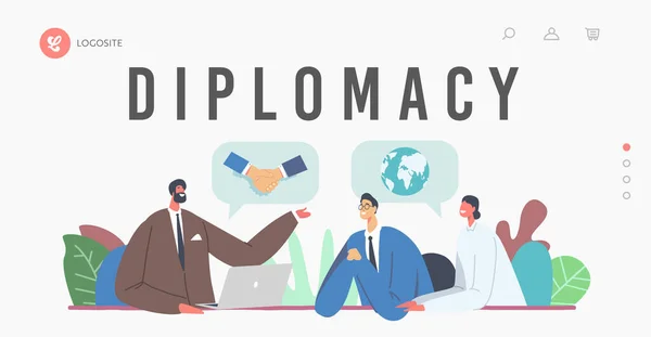Modello di pagina iniziale della diplomazia. Accordo di Business Partners. Partenariato multirazziale, Incontro per il progetto — Vettoriale Stock