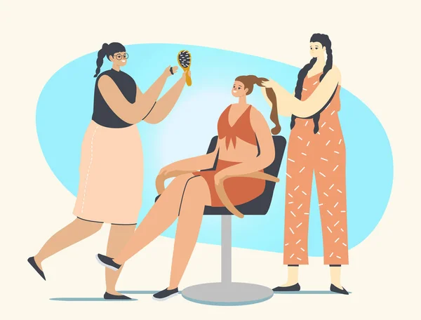 Donna Visita Beauty Salon Concept. Giovani Maestri che fanno Treccia Acconciatura per Ragazza Cliente Sedersi in Sedia in Grooming Club — Vettoriale Stock
