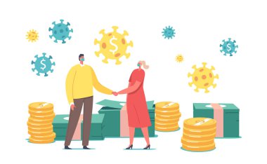 Yüz Sağlığı Maskeleri Takan Küçük Erkek Karakterler Büyük Altın Para ve Faturalar Yığını 'nda El ele tutuşuyor