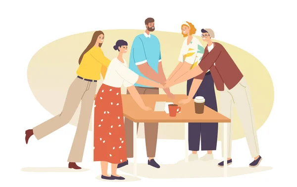 Teamwork, Team Bonding Concept. Office Colleagues Character Connecting Hands around of Desk before or after Deal — Stock Vector