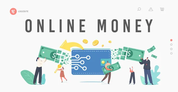 Онлайн-оплата, шаблон виртуальной транзакции. Крошечные персонажи переводят деньги через цифровой кошелек — стоковый вектор