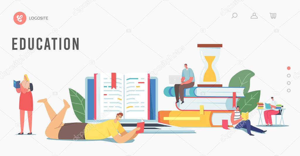 Students Prepare for Examination, Get Knowledge Landing Page Template. Tiny Characters Reading on Huge Books Pile