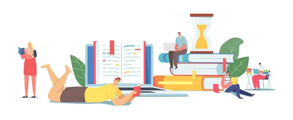 Tiny Male and Female Characters Reading on Huge Books Pile. Estudiantes jóvenes y hombres se preparan para el examen — Vector de stock