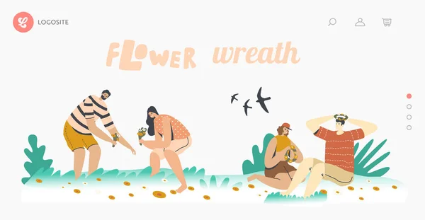 夏季季节业余时间，浪漫登陆页面模板。快乐的角色为编织花圈摘取花朵 — 图库矢量图片