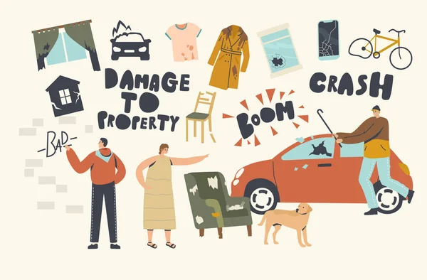 Concept de dommages à la propriété. Pille les murs de peinture, Crash Car Window pour le plaisir, Femme en colère chien froid pour le mess dans la chambre — Image vectorielle