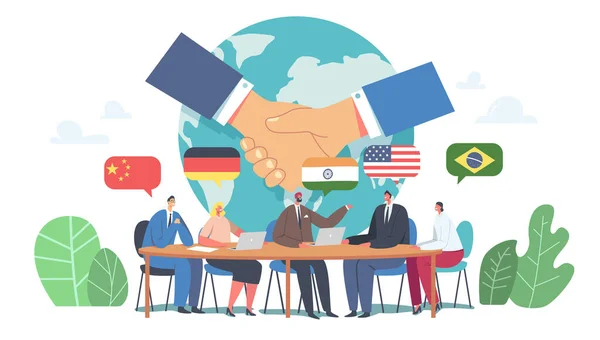 International Negotiations, Diplomacy, Political Meeting at Round Table Concept. Delegates Solve World Issues Conference — Stock Vector
