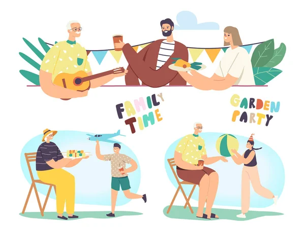 Festa de jardim, conjunto de férias de verão com personagens familiares felizes Passar tempo ao ar livre, Comer e se comunicar — Vetor de Stock