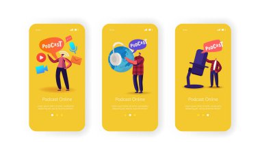 Podcast Yayın veya Audioprogram Livestream Mobil Uygulama Sayfası Ekran Şablonu. Dev Kulaklıklı Minik Karakterler