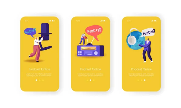 Podcast, Comic Talks Program Mobile App Page Onboard Screen Template. Kleine personages met microfoon Radio Broadcasting — Stockvector