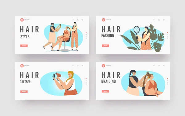 Tresse, coiffure Landing Page Template Set. Les femmes visitent salon de beauté faisant coiffure. Maître Tresse Client — Image vectorielle