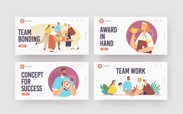 Team Bonding e Trabalho em Equipe Landing Page Template Set. Colegas Personagem Conectando Mãos, Pessoas de negócios bem sucedidas — Vetor de Stock