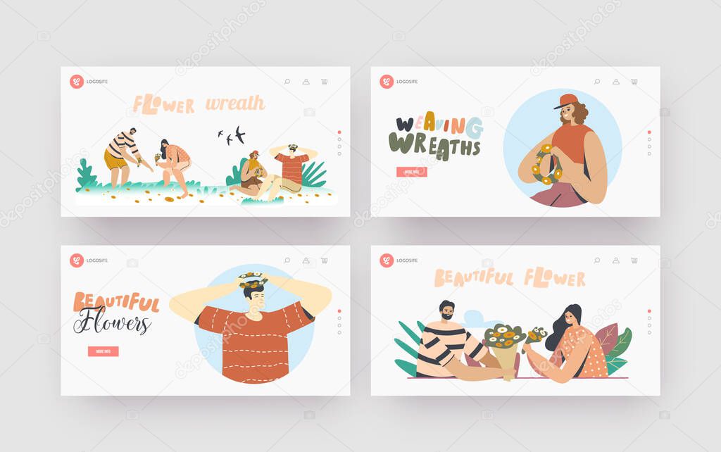 Summertime Season Landing Page Template Set. Happy Male Female Characters Weaving Wreaths of Beautiful Flowers