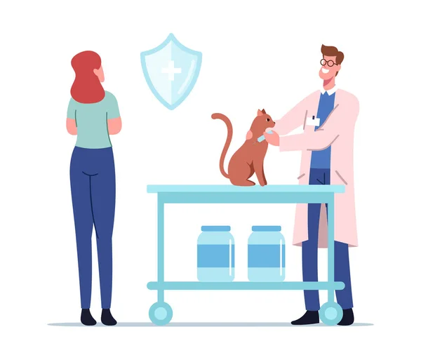 Cat Sitting on Table of Veterinary Clinic. Veterinarian Doctor Character Put Rabies Injection to Animal for Treatment — Stock Vector