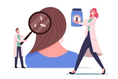 Pediküloz Hastalığı, Hijyen Konsepti, Büyütücü Bitli Doktor. Küçük Doktor Karakterleri Bitleri Arıyor