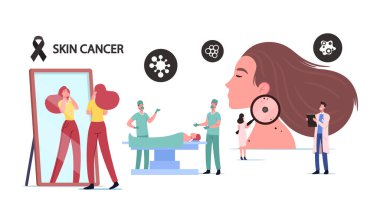 Cilt kanseri konsepti. Küçük Doktor Onkolog Karakter Muayenesi Kadın Köstebekleri ve Dev Büyüteç. Cerrah Ameliyat Yap