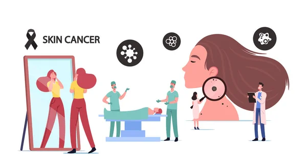 Conceito de Cancro da Pele. Médico minúsculo Oncologista Personagem Examine Mulher Moles com Lupa Enorme. Cirurgião faz operação — Vetor de Stock