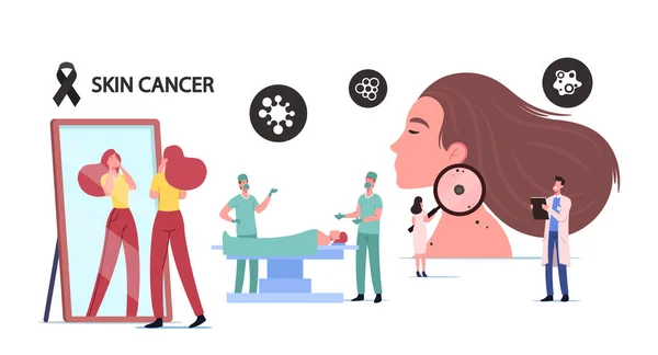 Concepto de cáncer de piel. Tiny Doctor Oncologist Character Examine Mujer lunares con lupa enorme. Cirujano hacer operación — Archivo Imágenes Vectoriales