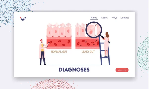 Plantilla de landing page intestinal saludable e inflamada. Médicos diminutos que presentan el tracto gastrointestinal normal y enfermo — Vector de stock