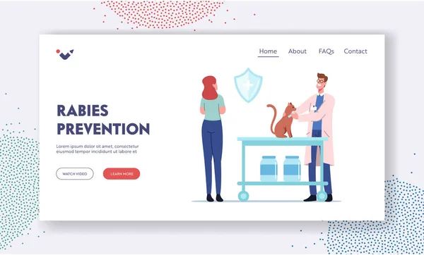 Prevenzione della rabbia Landing Page Template. Gatto sedersi sul tavolo della clinica veterinaria. Veterinario medico mettere iniezione — Vettoriale Stock