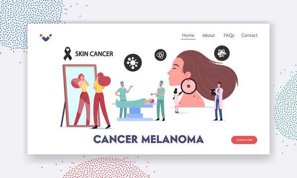 Plantilla de landing page de cáncer de piel. Minúsculo doctor oncólogo carácter examinar mujer lunares con enorme lupa, operación — Vector de stock