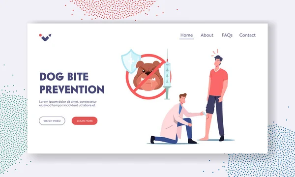 Dog Bite Prevention Landing Page Template (em inglês). Doutor personagem fazer injeção contra a raiva em perna doente ferido —  Vetores de Stock