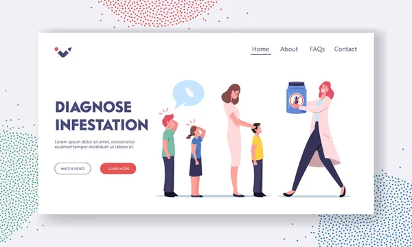 Pediculosi Landing Page Template. Pediatra medico personaggio check-up bambini per la prevenzione dei parassiti a scuola — Vettoriale Stock