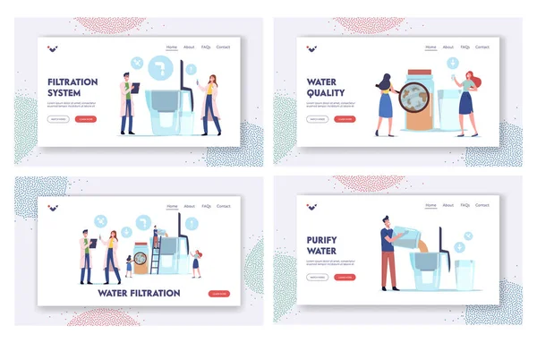 Waterfiltratie landing Pagina Template Set. Kleine karakters gieten vuil water in enorme Aqua Filter kan voor het reinigen — Stockvector