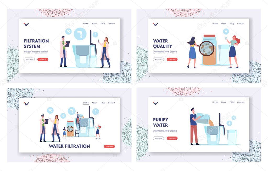 Water Filtration Landing Page Template Set. Tiny Characters Pouring Dirty Water in Huge Aqua Filter Jug for Cleaning