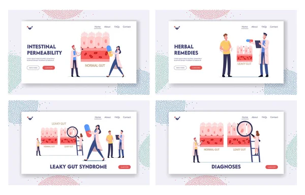 Lekkende Gut Landing Page Template Set. Kleine artsen Karakters presenteren verschil gezonde of ontstoken darmcellen — Stockvector