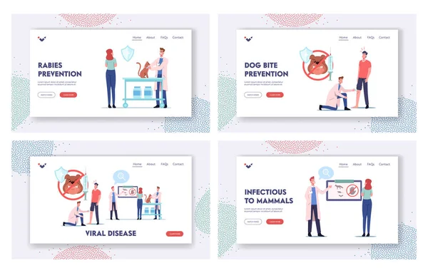 Doença viral, Raiva Landing Page Template Set. Paciente ferido com mordida de cão visitar o hospital. Transportadores de Doenças Vacinais — Vetor de Stock