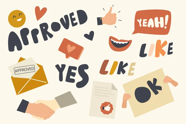 Set of Icons Approved Theme with Thumb Up Gesture, Smiling Mouth and Approved Document in Envelope, Yeah, Yes, Like, Ok — Stock Vector