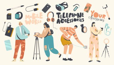 Telefon Aksesuarları Konsepti. Modern Dijital Aygıt ve Gadget kullanan Genç Erkek ve Kadın Karakterler. Tripod 'lu İnsanlar
