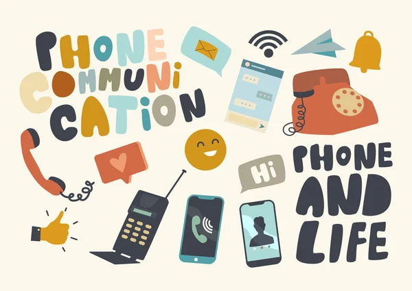 Uppsättning ikoner telefon kommunikation tema. Telefoner Evolution från gammal till modern, smart enhet, teknik för att chatta — Stock vektor