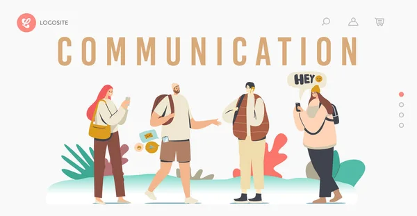 Template voor de landingspagina voor telefooncommunicatie. Jonge mannen en vrouwen met mobiele smartphones, tieners personages chatten — Stockvector