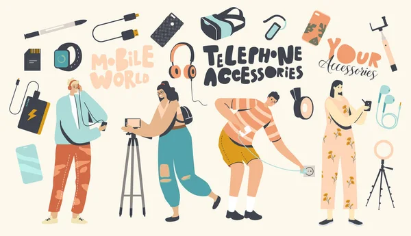 Concepto de accesorios de teléfono. Personajes masculinos y femeninos jóvenes que utilizan dispositivos y dispositivos digitales modernos. Personas con trípode — Vector de stock