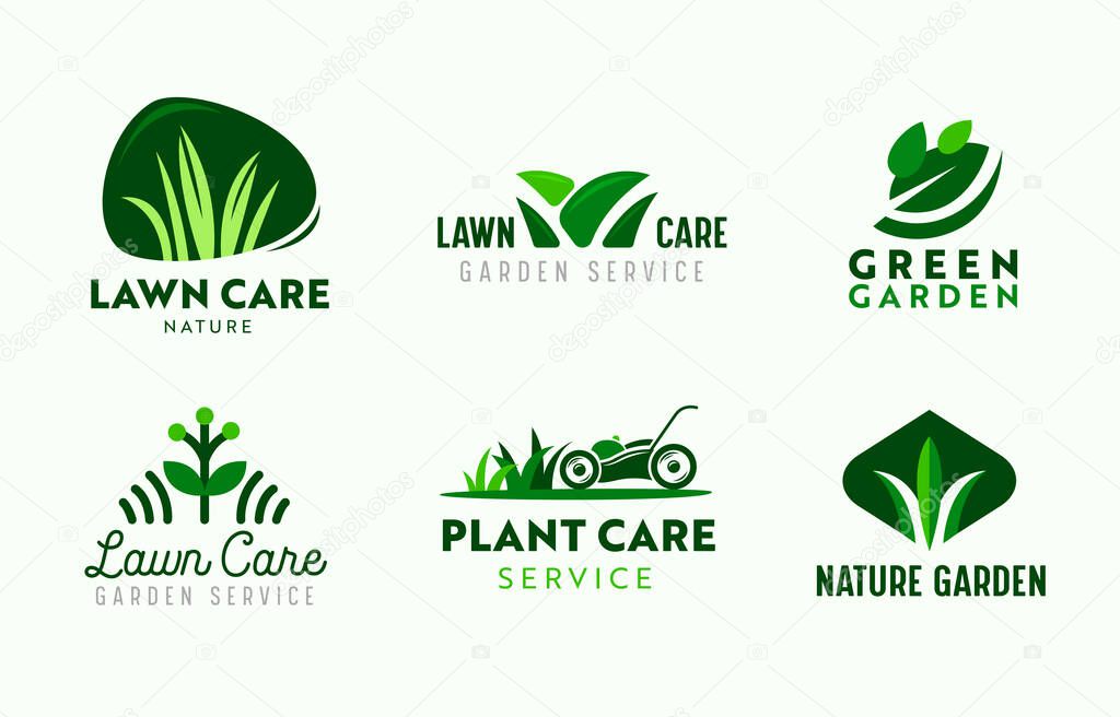 Set of Logo Garden and Lawn Care Service. Gardening Company Icons, Plants Care, Lawn Mower in Park, Nature Eco Village or Woodland and Parkland Garden Grass Mowing. Cartoon Vector Illustration