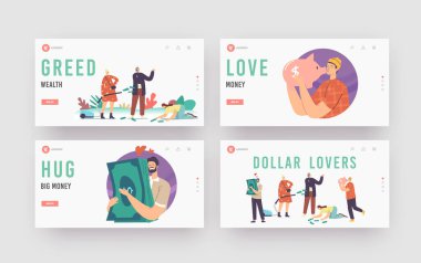 Love Money, Greed, Cupidity İniş Şablonu. Açgözlü Erkek ve Kadın Karakterler Para Kazanmak İçin Heyecanlı