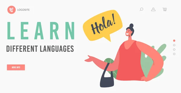 Μάθετε διαφορετικά πρότυπα σελίδων προσγείωσης γλωσσών. Γυναικείος χαρακτήρας μιλήσει στην ισπανική γλώσσα. Δάσκαλος ή μαθητής λένε Hola — Διανυσματικό Αρχείο