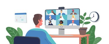 Telekonferans, Webcam Grup Konferansı İş Arkadaşlarıyla Bilgisayar. İş Karakterleri, Ofis Çalışanları Video Çağrısı