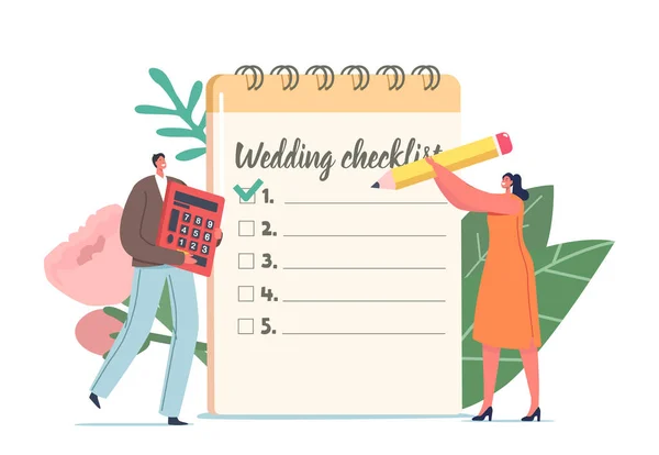 Holiday Event Organisation. Paar plant Hochzeit, winzige männliche und weibliche Charaktere bei riesiger Planer-Checkliste — Stockvektor