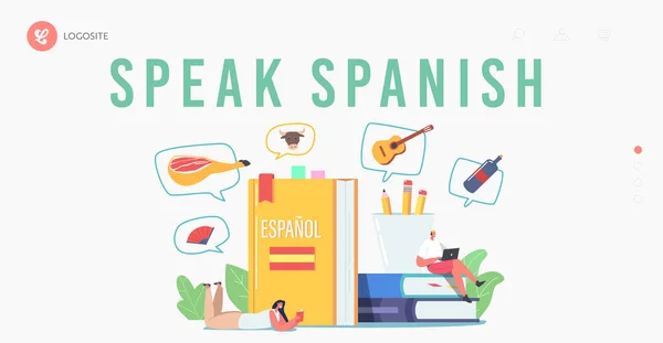 Personajes aprendiendo español Curso Landing Page Template. Gente Pequeña en Grandes Libros de Texto, Profesores y Estudiantes — Vector de stock