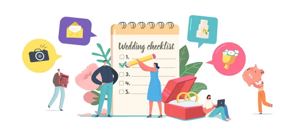 Couple Planning Wedding Concept, Tiny Male and Female Characters at Huge Planner Filling Checklist before Marriage — Stock Vector