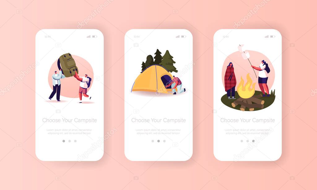 Campsite Mobile App Page Onboard Screen Template. Friends Characters Spend Time at Summer Camp in Deep Forest with Tent