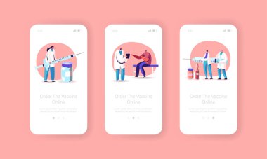 Aşıyı Çevrimiçi Mobil Uygulama Sayfası Ekran Şablonu 'na sipariş et. Küçük Doktor Karakterleri Hasta için Büyük Şırınga Hazırlayın