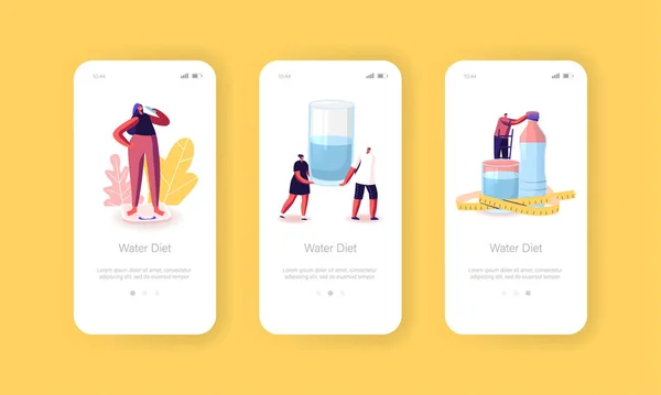 Personnages Buvez de l'eau sur la page d'application mobile Diet Modèle d'écran de bord. Minuscules personnes à énorme bouteille et lunettes avec Aqua — Image vectorielle