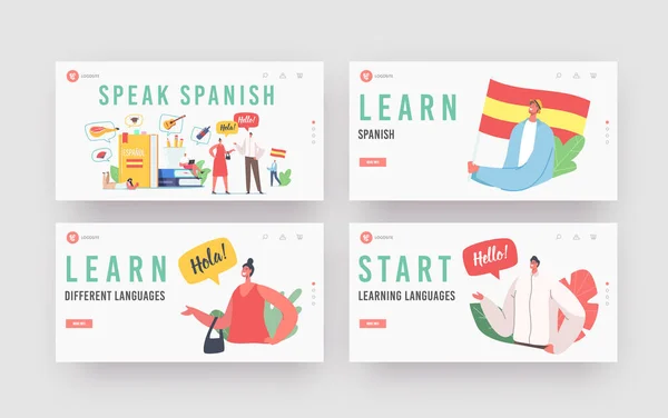 Pessoas aprendendo espanhol Language Course Landing Page Template Set. Personagens minúsculos em enormes livros, professor e alunos — Vetor de Stock