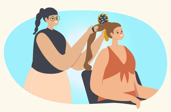 미녀 살롱을 방문하는 젊은 여성. 바버 샵 에서 콤 을 사용하여 소녀를 위해 머리를 땋는 명수 — 스톡 벡터